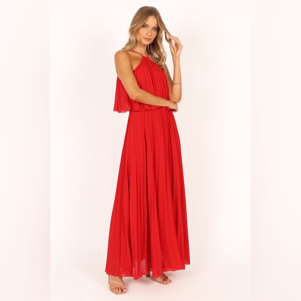 Petal & Pup Red Pleated Halter Maxi Dress
